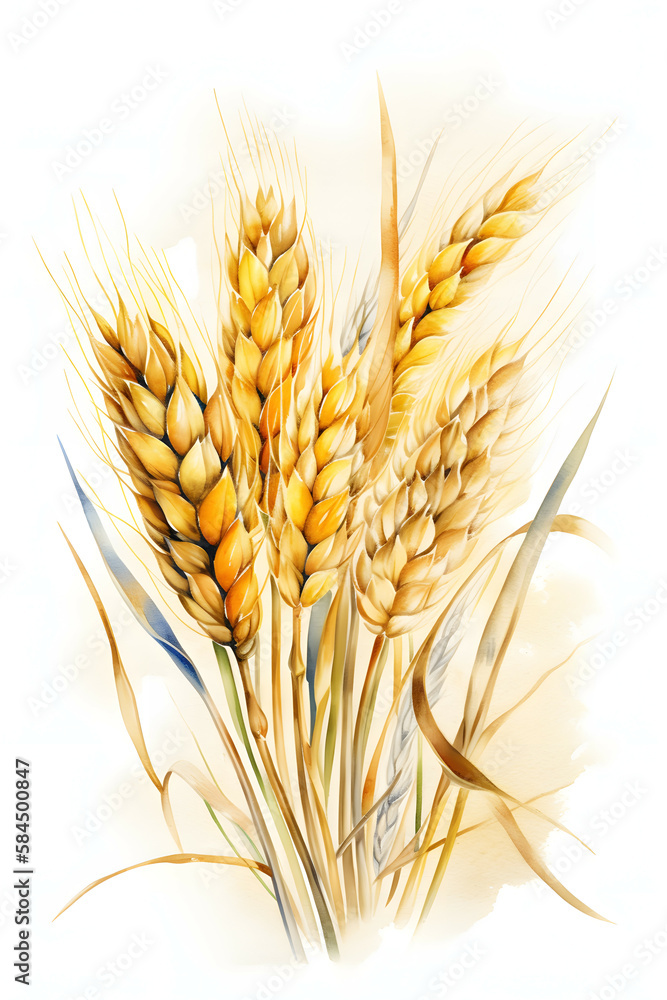 Ears of wheat and ears isolated on white background of a wheat field. Watercolor hand-drawn illustra