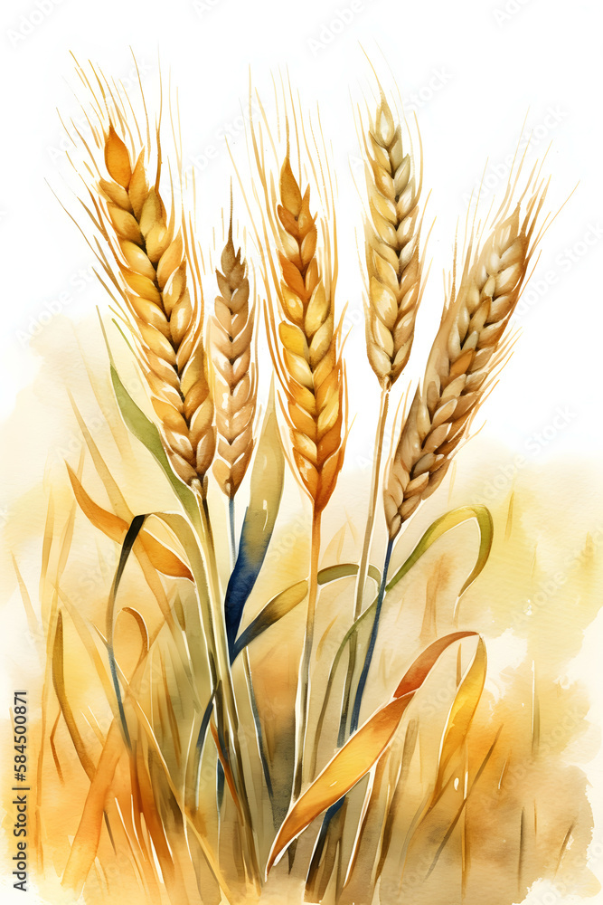 Ears of wheat and ears farms on the background of a wheat field. Watercolor hand-drawn illustration