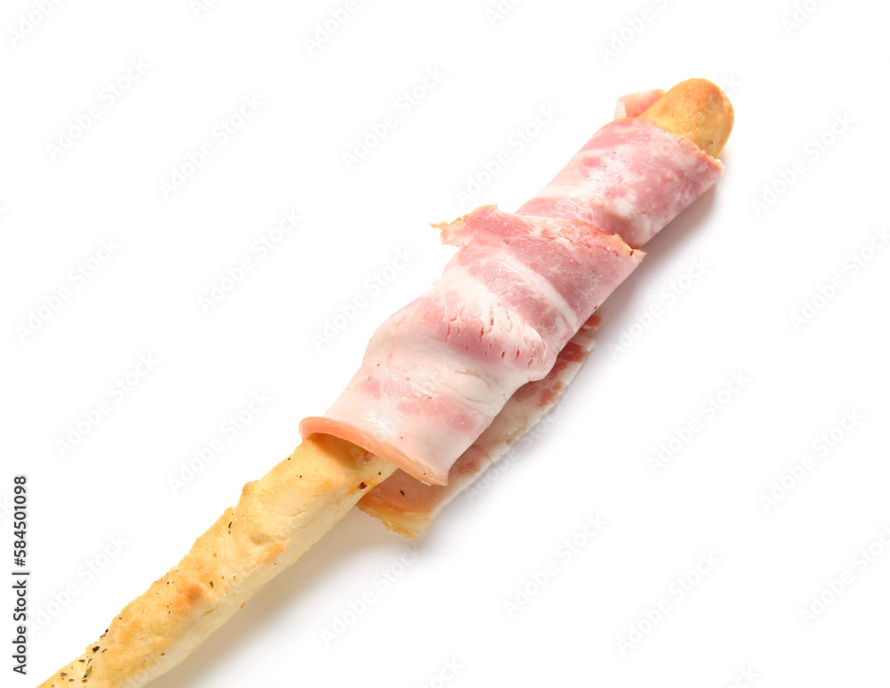 Tasty Italian Grissini with bacon on white background, closeup