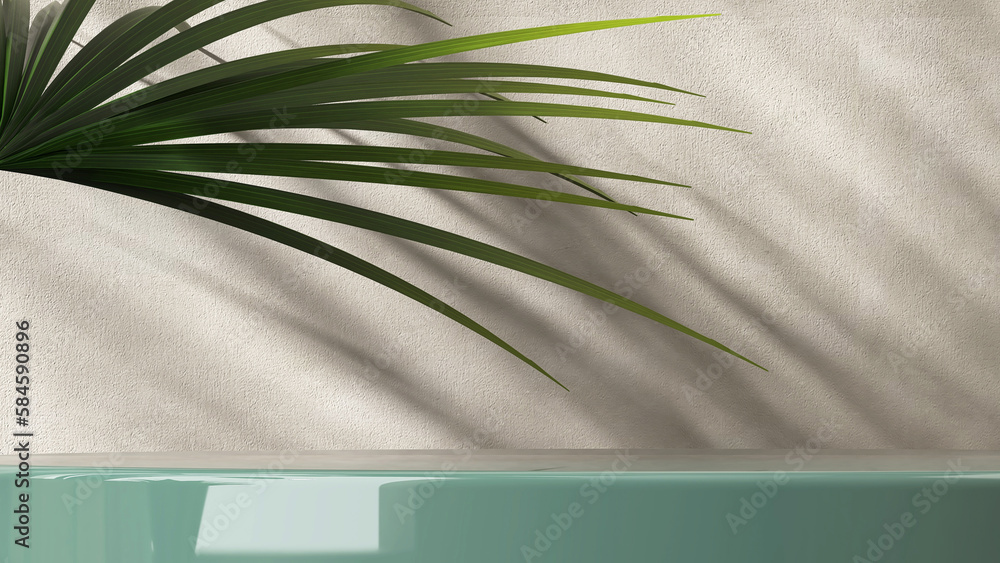 Luxury, modern empty glossy emerald green stone counter table top, palm tree in sunlight, leaf shado