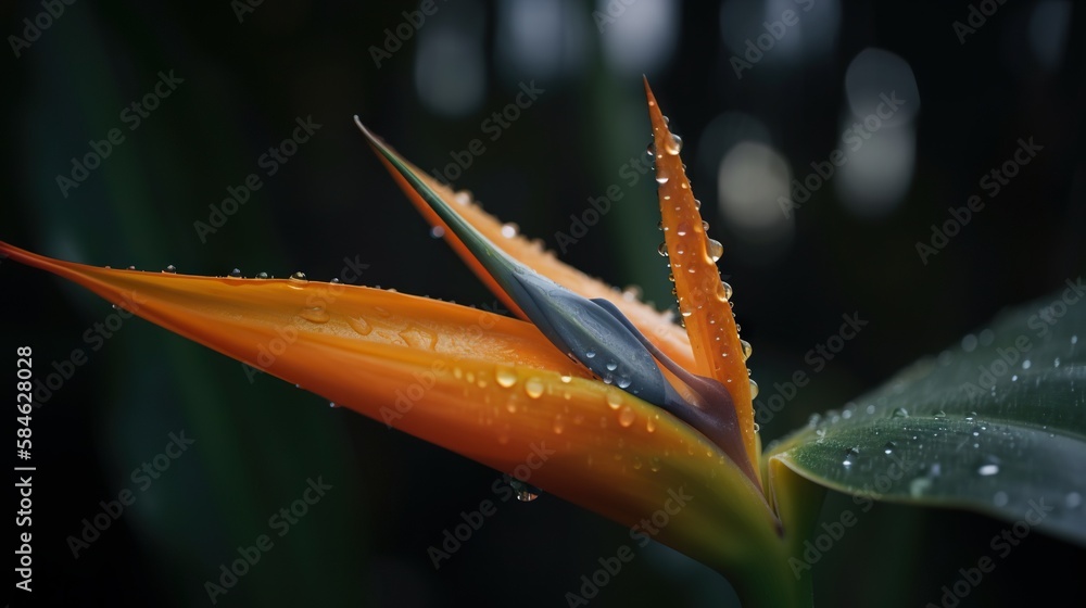 Closeup of Strelitzia reginae tropical plant leaves with rain drops. Green natural backdrop. Generat