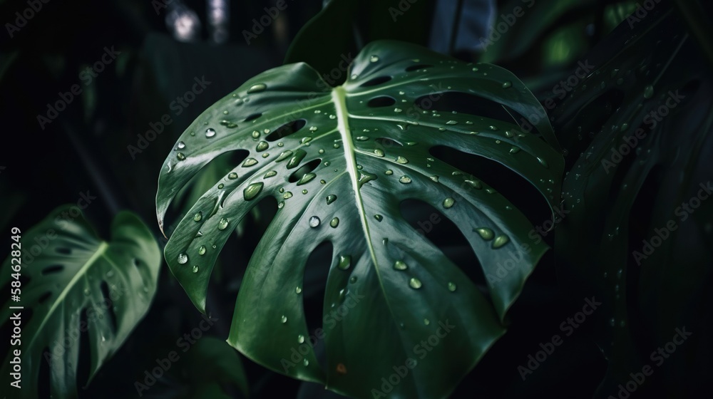 Closeup of Monstera tropical plant leaves with rain drops. Green natural backdrop. Generative AI