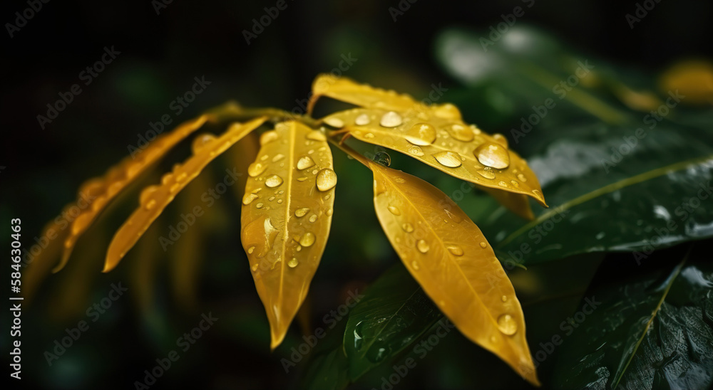 Closeup of Yellow turmeric tropical plant leaves with rain drops. Green natural backdrop. Generative