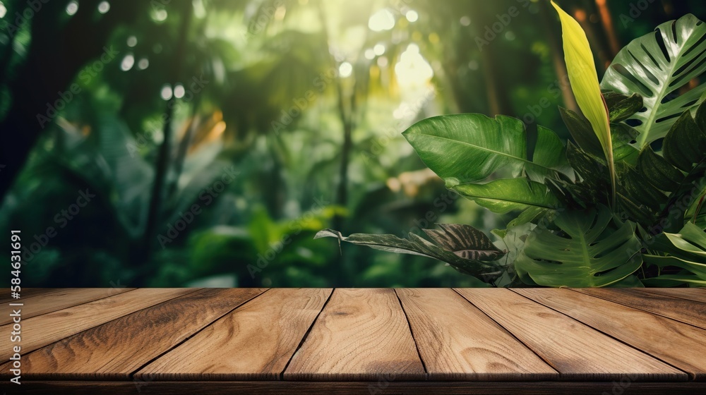 Wood table mockup with tropical jungle on background. Empty copy space for product presentation. Gen