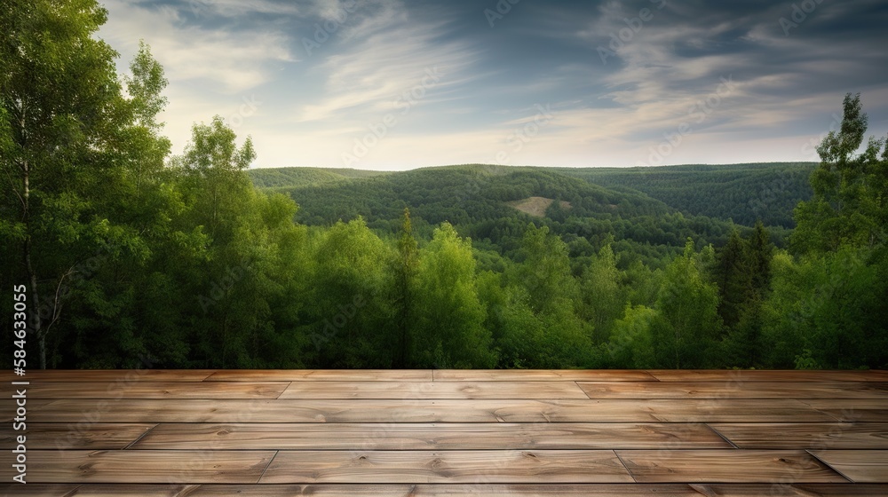 Wood table mockup with scenic green forest on background. Empty copy space for product presentation.