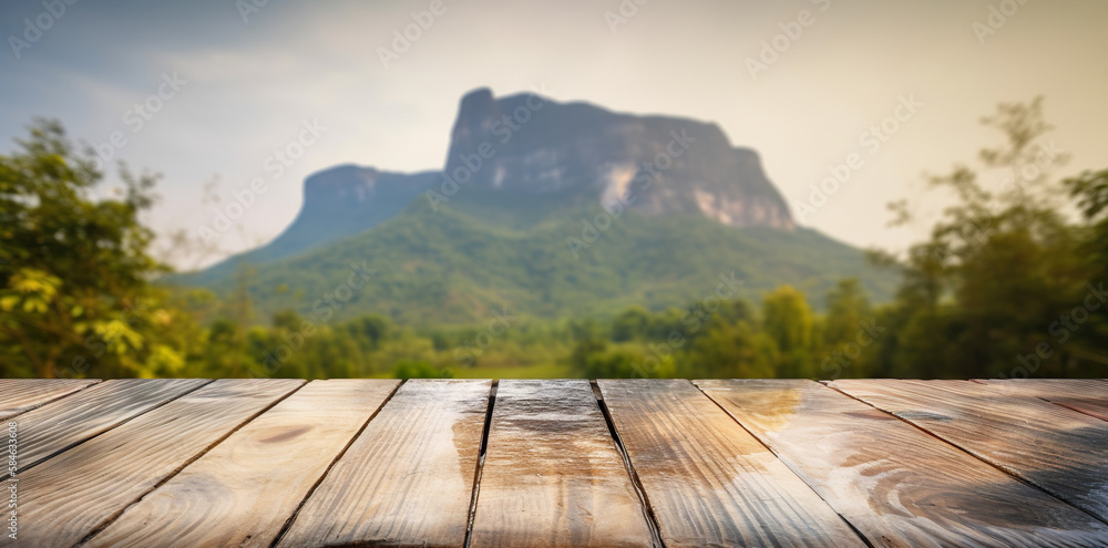 Wood table mockup with high mountains on background. Empty copy space for product presentation. Gene