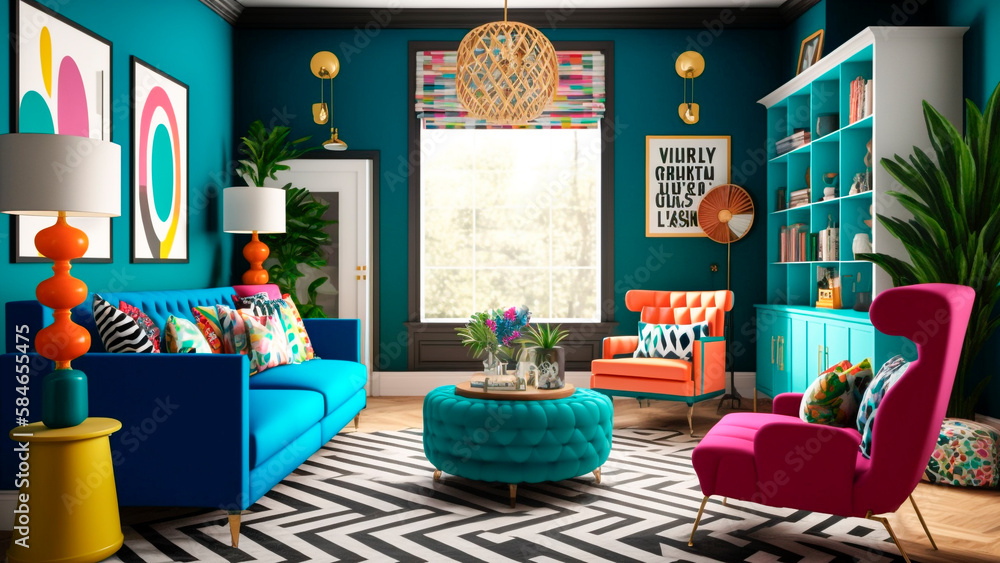 A living room with a bold, colorful aesthetic with cheerful walls and vibrant furniture, generative 