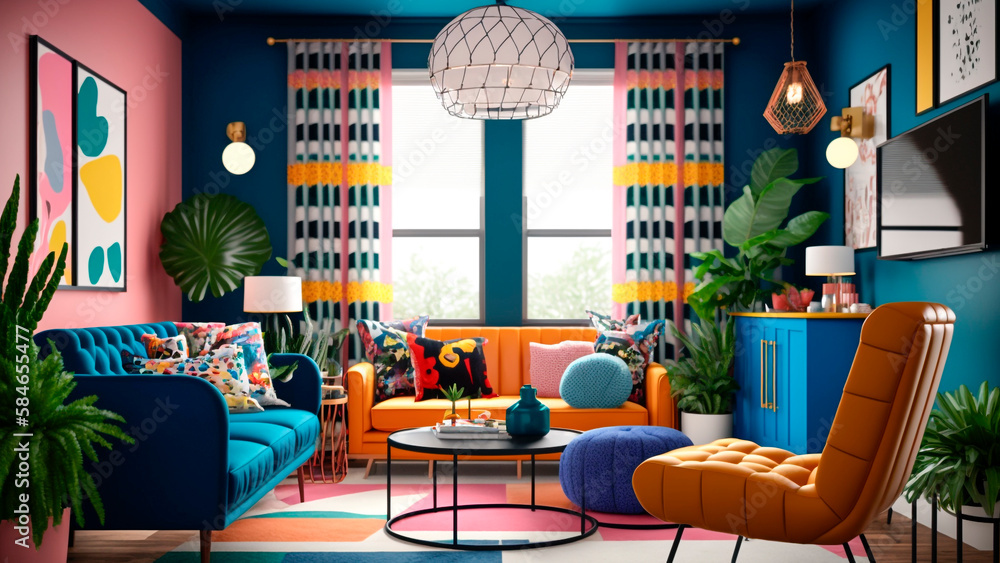 A living room with a bold, colorful aesthetic with cheerful walls and vibrant furniture, generative 