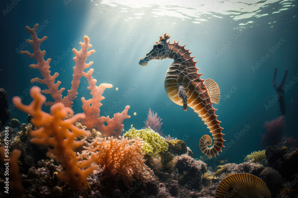 Image for 3d floor. Underwater world. Seahorse. corals. (ai generated)