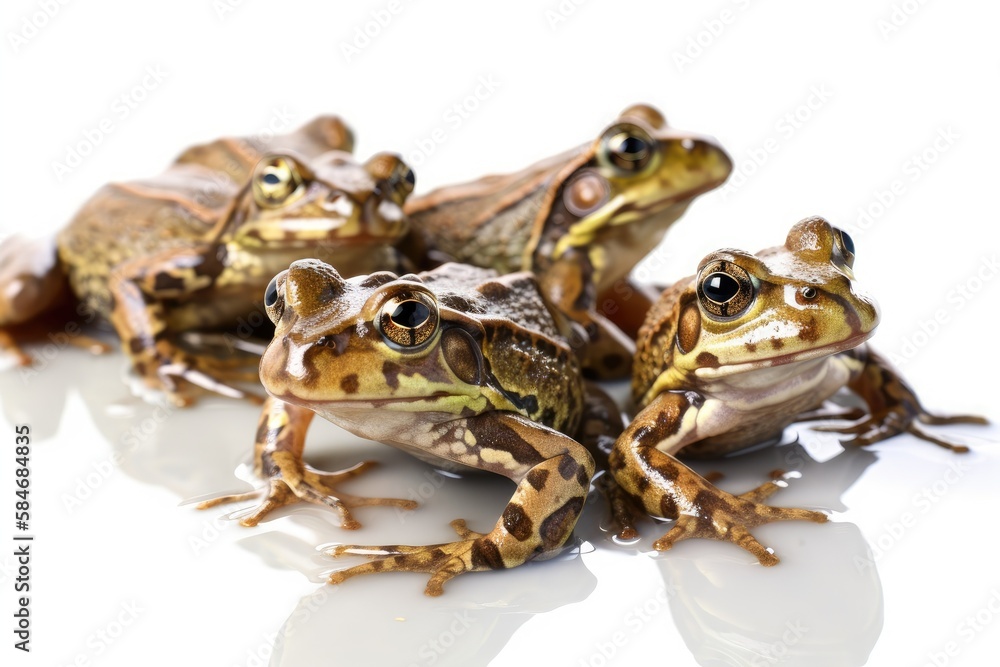 Isolated brown frogs in a group on a white background. Ridibundus Pelophylax. Amphibians. Animals. G