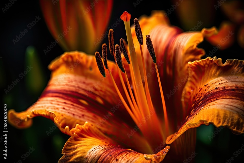 Beautiful close up macro image of the flowerhead of a daylily (Nokanzo) in a wild orange color. Gene