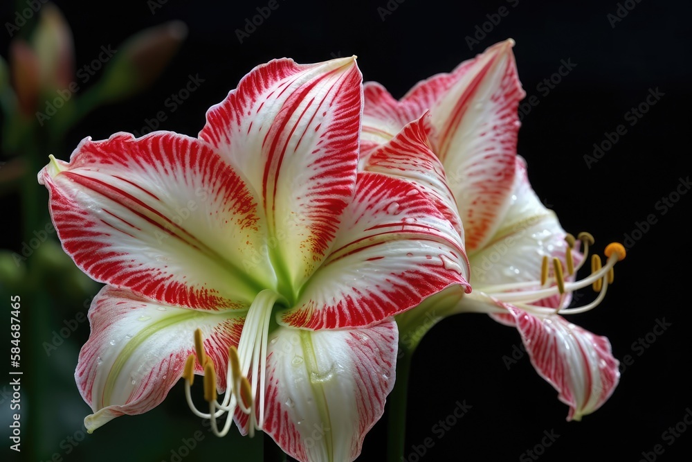 Star lily flowers (genus hippeastrum), colored white with pink stripes. Generative AI