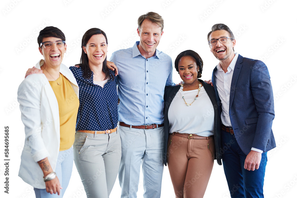 Hug, support and group of smiling businesspeople in on a corporate transparent, png background. Embr