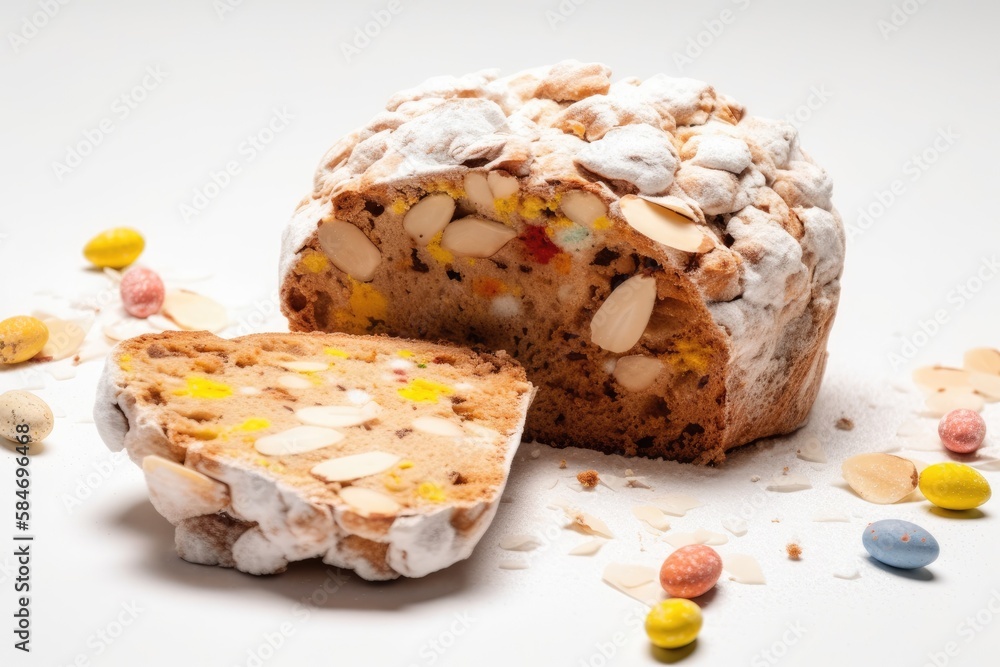 Colomba Pasquale, an Italian Easter dove covered in candied almonds and sugar. Slice of cake and bac