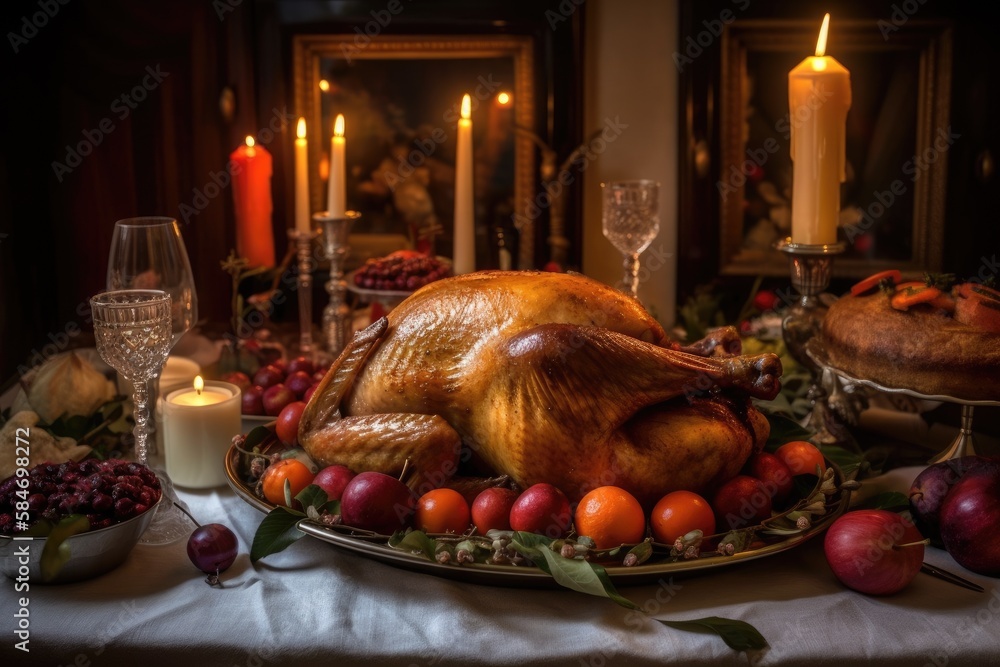 Christmas meal with turkey. In front of a Christmas tree and blazing candles, a baked turkey with re