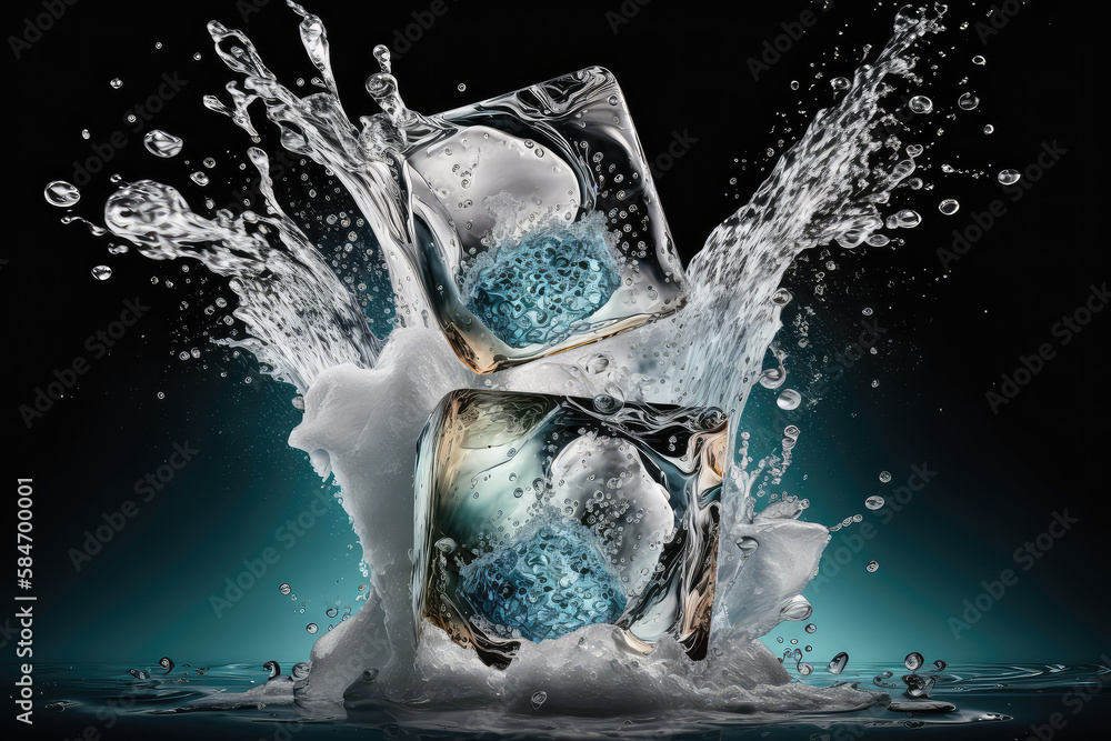 Ice Cubes Fall In Cold Water With Splash - Refreshment Concept (ai generated)