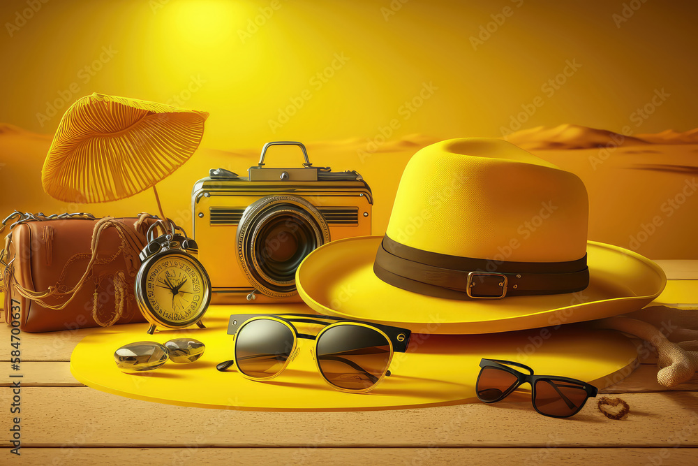 Beach Accessories On Yellow Wooden Plank - Summer Holiday (ai generated)