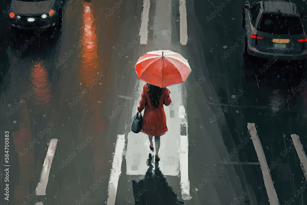 illustration painting top view of woman red shirt with red umbrella crossing the street,rainy night.