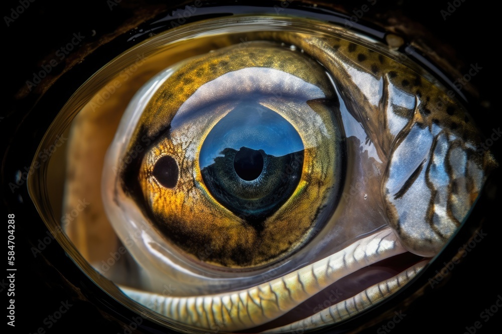 Wild fish eye monitor look up close and in detail. Generative AI