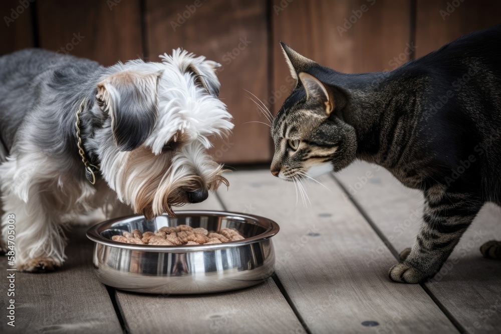 animal chewing a foot. Dog and cat eat from the same bowl. Generative AI