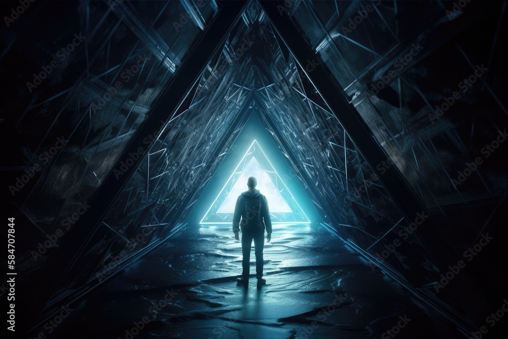 Background of Triangle tunnel in dark abstract sci fi. Man Standing with Rays of Glow. Generative AI