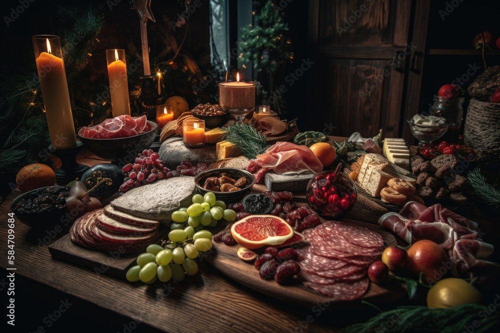 Charcuterie table scenario for Christmas with a dark wood backdrop. appetizers with a variety of mea