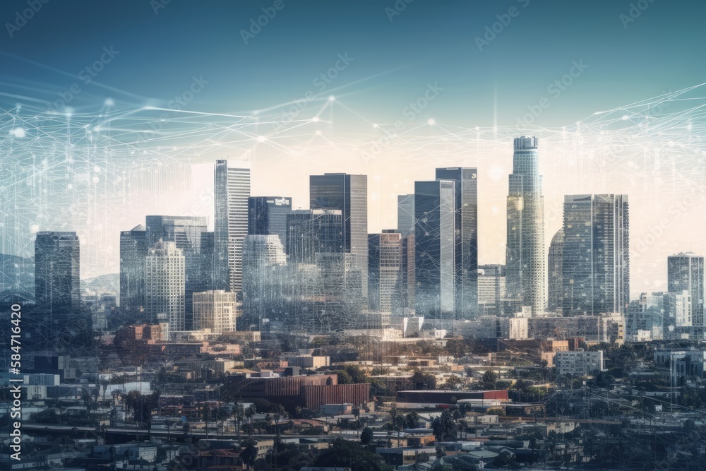 Los Angeles panorama cityscape downtown at day time, California, USA. Skyscrapers of LA city. Hologr