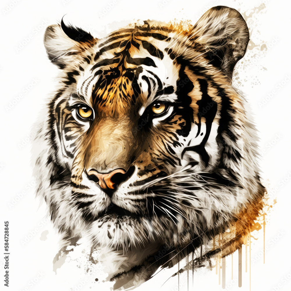 Tiger head portrait painting stylized illustration on white background. Generative AI.