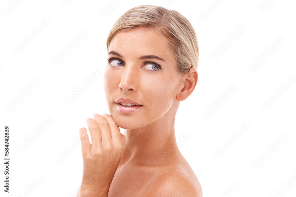 Skincare, thinking and woman for makeup, hygiene and grooming on an isolated and transparent png bac