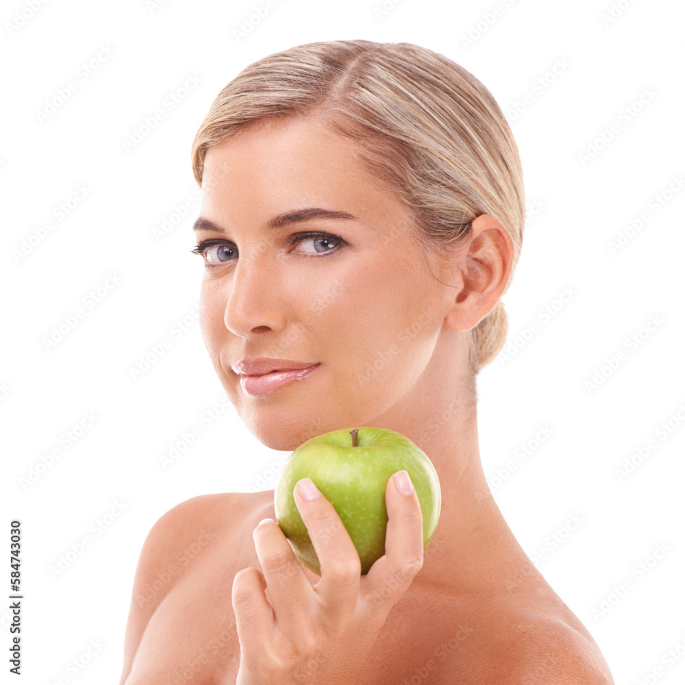 Apple, health and face portrait of woman with fruit product to lose weight, diet or body detox for w