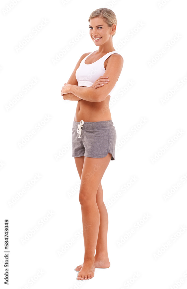 Portrait, health and fitness with a model woman on an isolated and transparent png background standi