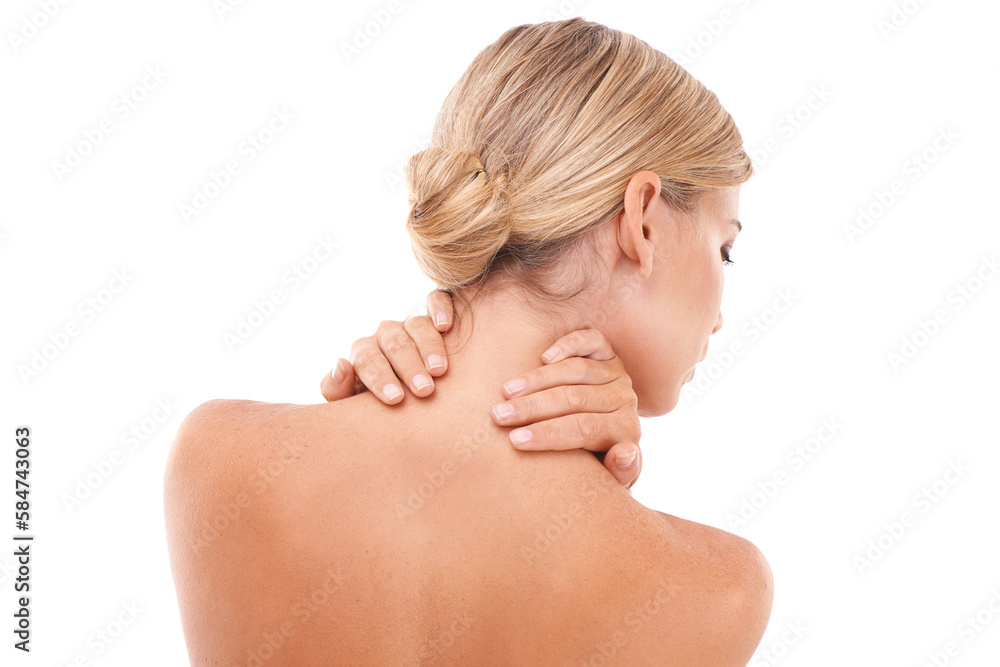 Blond woman, back and hands in skincare, beauty and touching neck on an isolated and transparent png