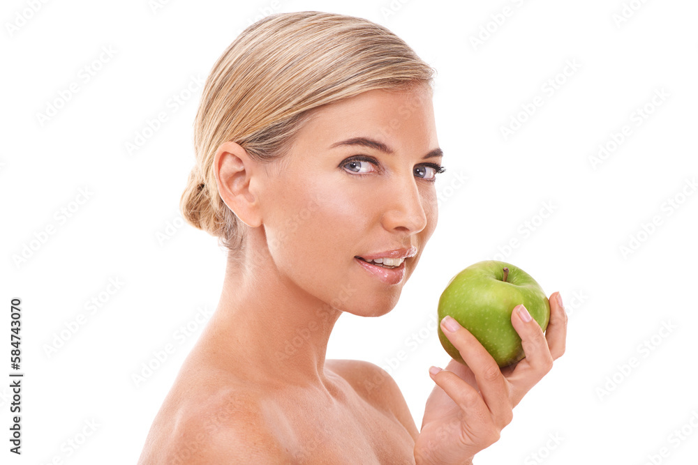 Apple, health and face portrait of woman with fruit product to lose weight, diet or body detox for w