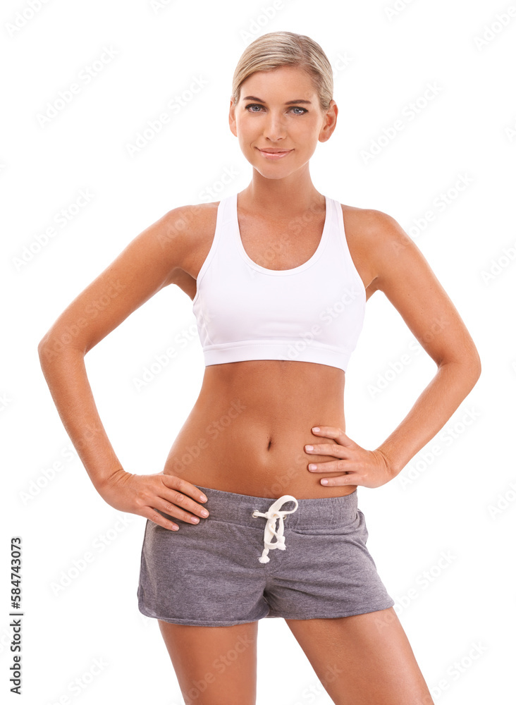 Portrait, woman and smile for fitness, sportswear and confident female on an isolated and transparen