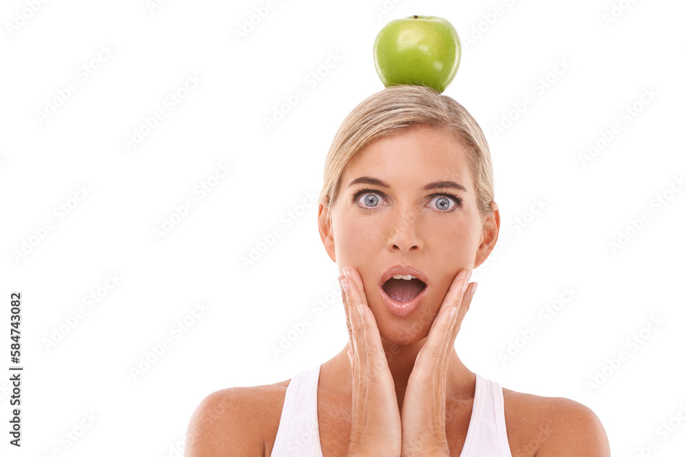 Woman, surprise and apple on head for wellness, nutrition and balance on an isolated and transparent