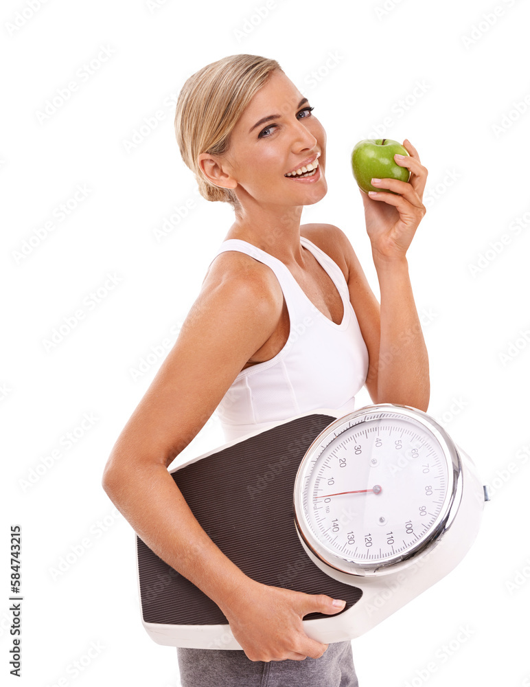 Woman, apple and carrying scale for diet, weightloss or healthy nutrition on an isolated and transpa