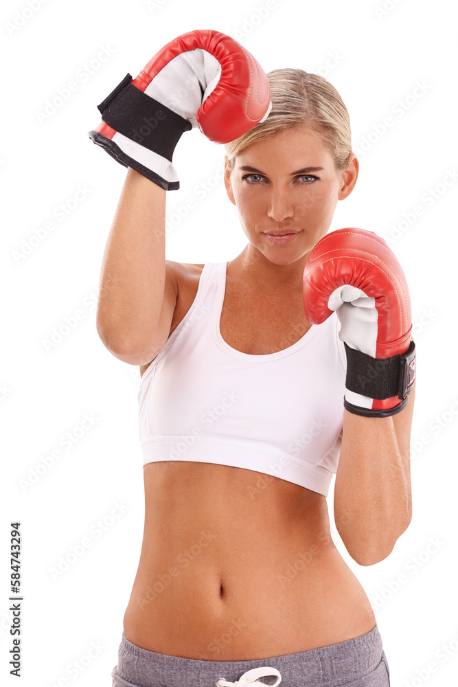 Sports, fitness and portrait of woman with boxing gloves, confidence and motivation to box on an iso