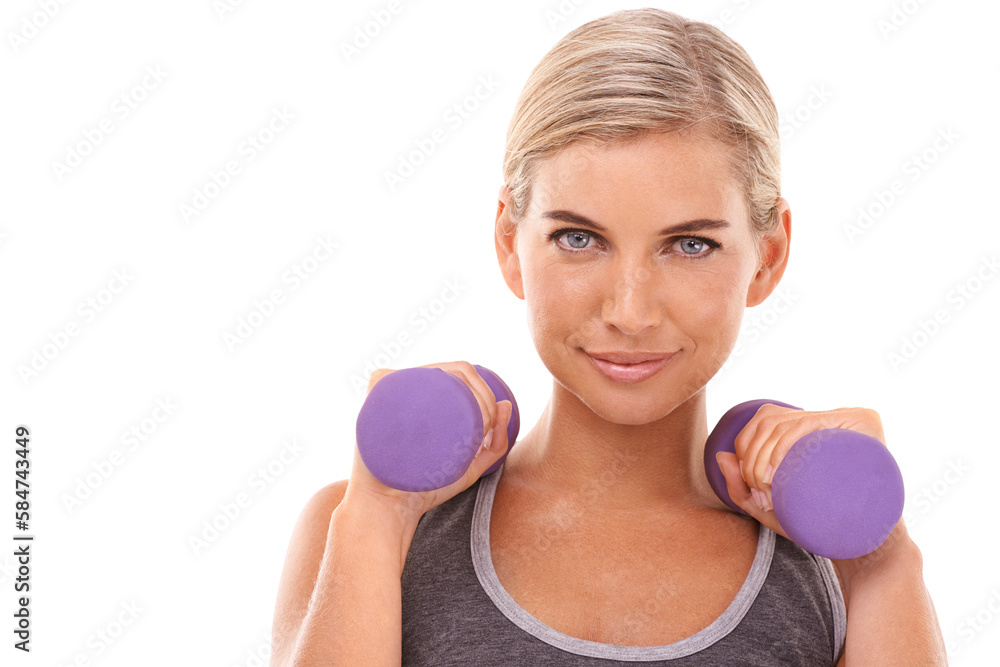 Portrait, dumbbells and woman at training, muscle and wellness by on an isolated and transparent png