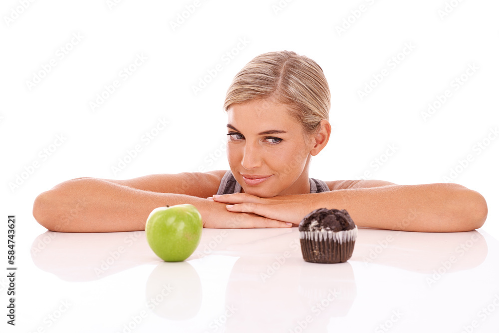 Woman, diet and choose with apple, muffin and unsure girl on an isolated, transparent png background