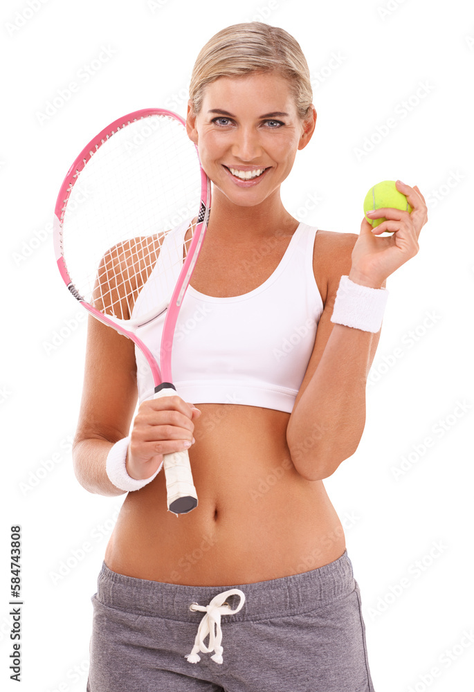 Tennis girl, portrait and racket with ball for health, sports and wellness on an isolated and transp