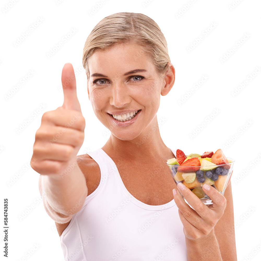 Diet, fruit salad and portrait of woman with thumbs up, eating healthy and happy on an isolated and 