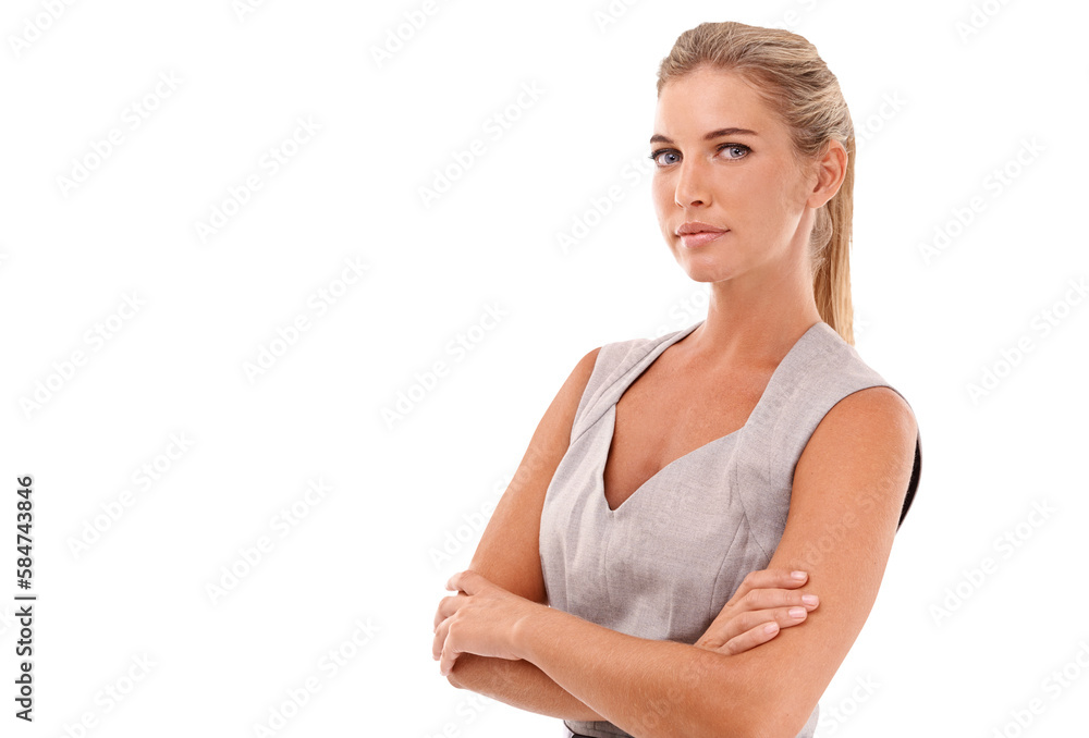 Business, portrait and woman with crossed arms on an isolated and transparent png background with a 