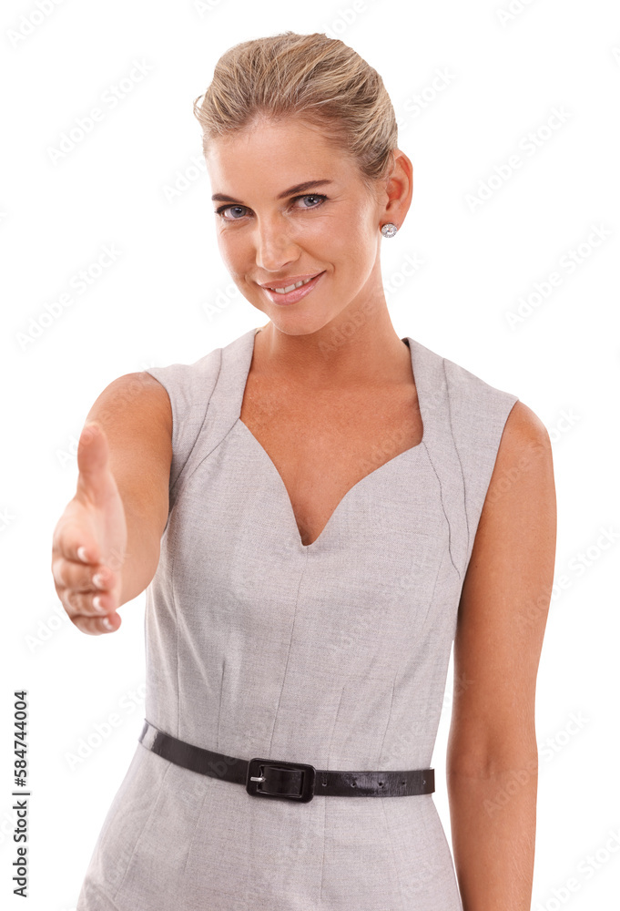 Portrait, business woman and handshake on an isolated, transparent png background. Face, greeting an