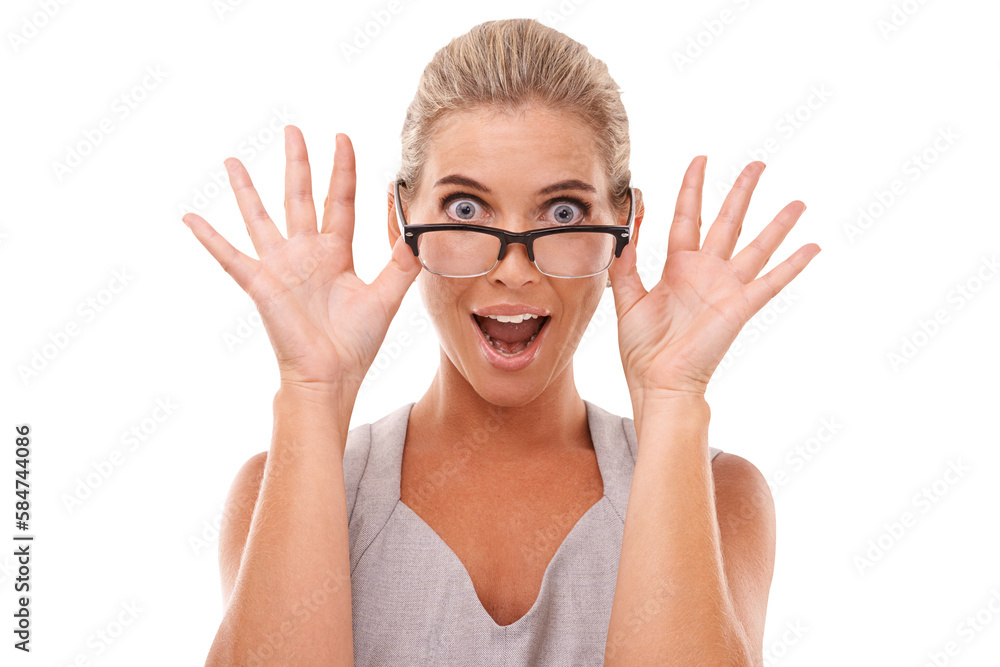 Shock, surprise and portrait of a woman with glasses ion an isolated and transparent png background 