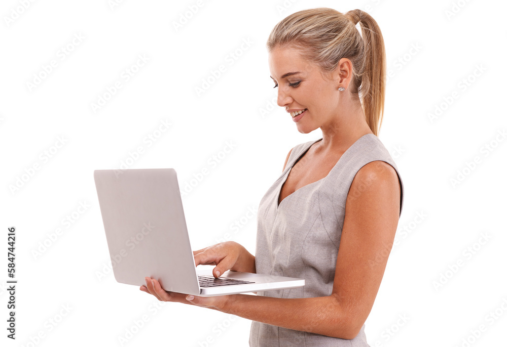 Laptop, typing and profile of business woman or trader review financial portfolio, stock market or o