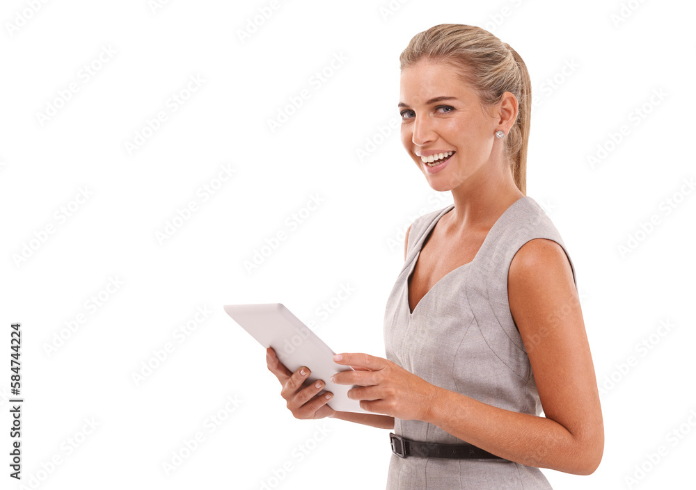 Portrait, business woman and tablet on an isolated and transparent png background. Happy worker, pro