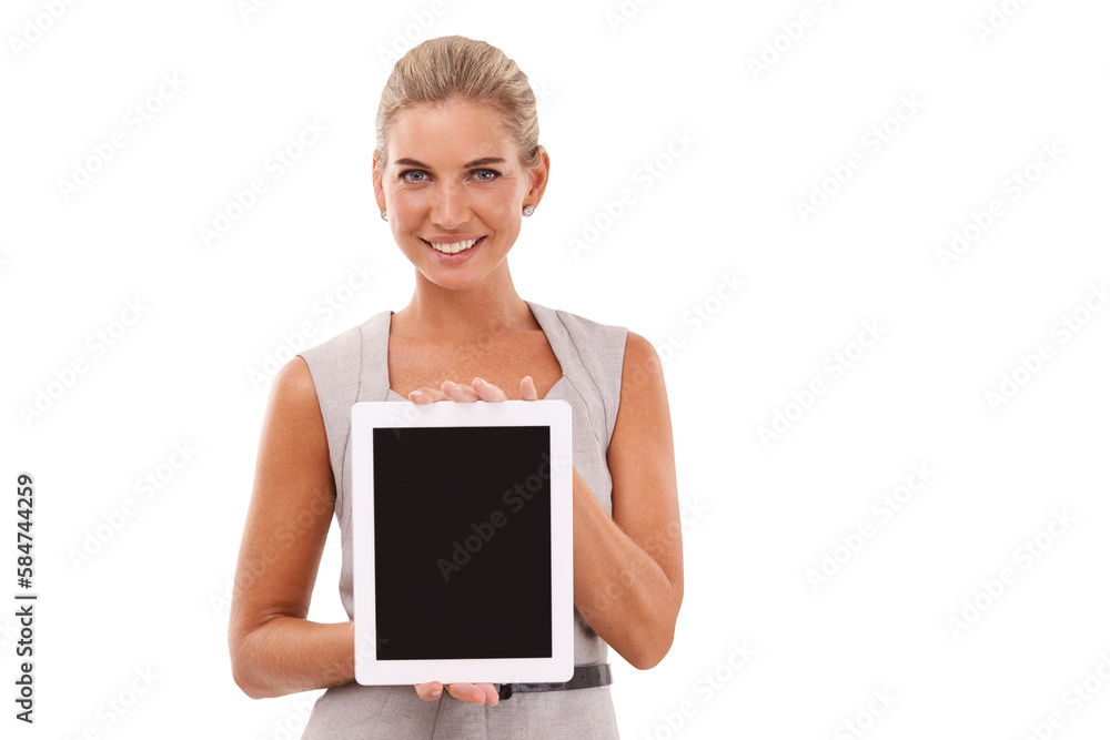 Tablet mockup, portrait and businesswoman with on an isolated, transparent png background for advert