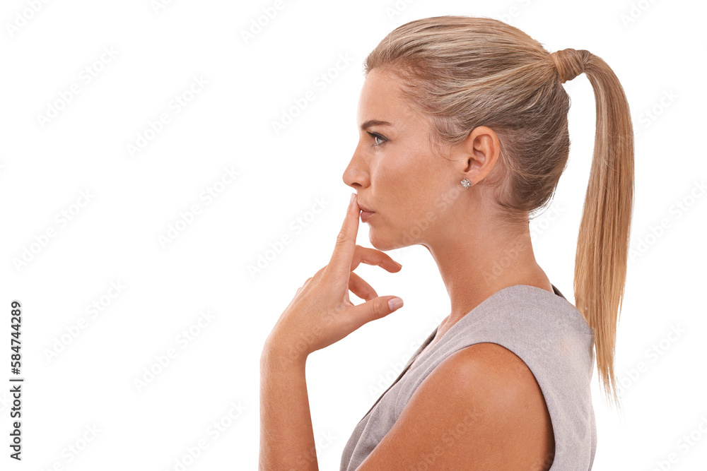 Thinking, profile and business woman or worker contemplate idea, corporate plan or marketing strateg