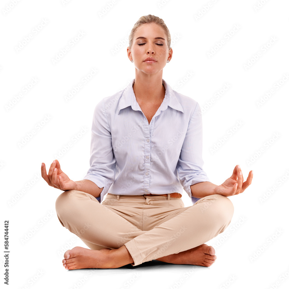 Yoga meditation, relax and business woman with work stress relief, spiritual mental health or chakra