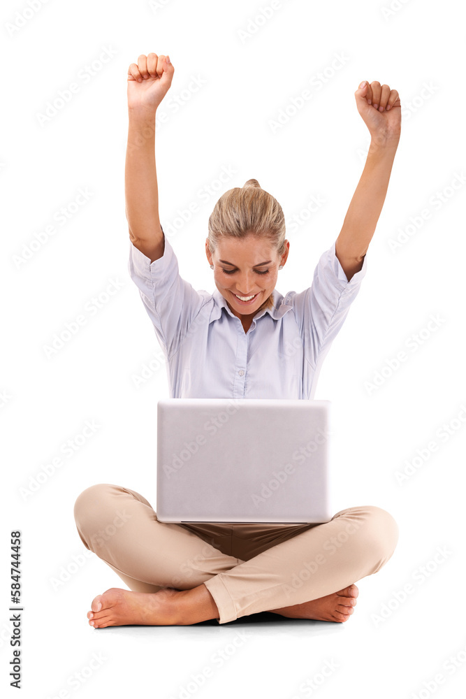 Laptop, celebration and business woman excited for financial profit, stock market growth or investme